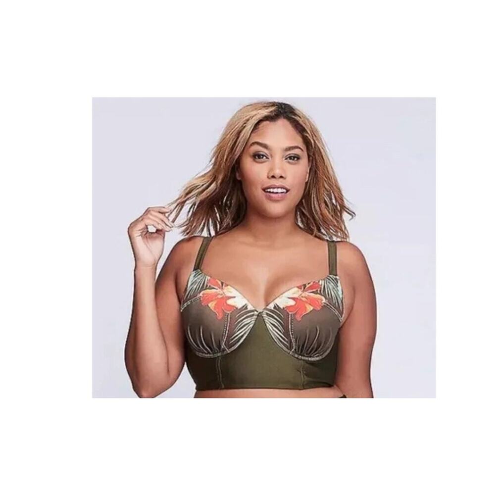 Lane Bryant Cacique Green Embellished Shimmer Long Line Balconette Swim Top 40D